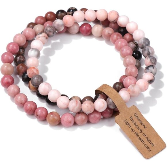 3 PCS 6mm Pink Zebra Jasper Natural Stone Beaded Stretch Bracelet for Gifts - Picture 1 of 6